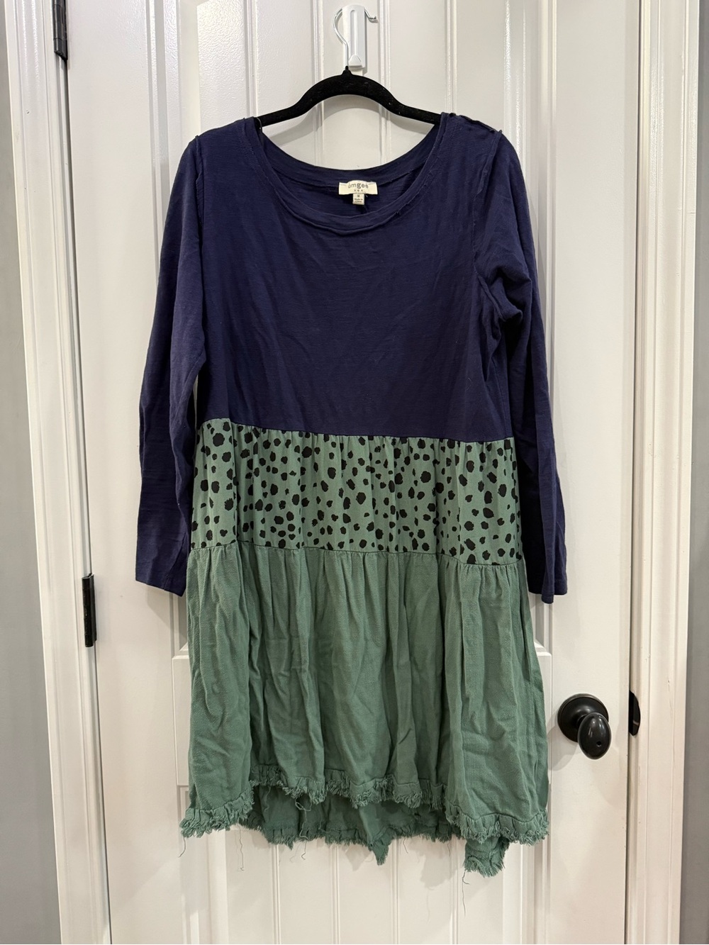 Umgee Navy Top with Sage Tiered Skirt Long-Sleeve Dress